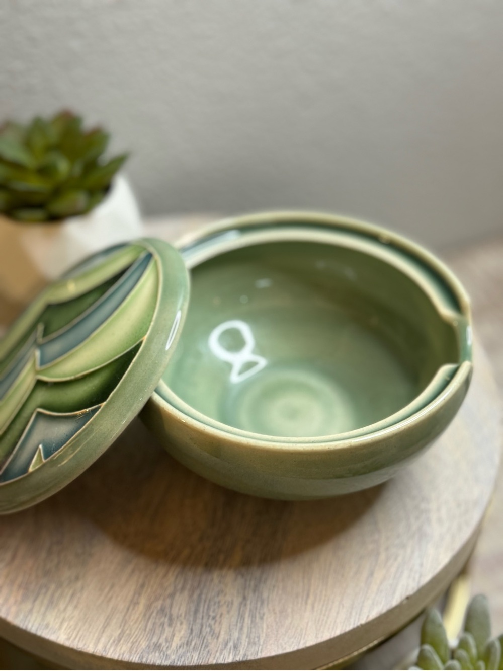 Vtg Otagiri Lidded Trinket Dish / Covered Bowl Green Geometric Ceramic Pottery